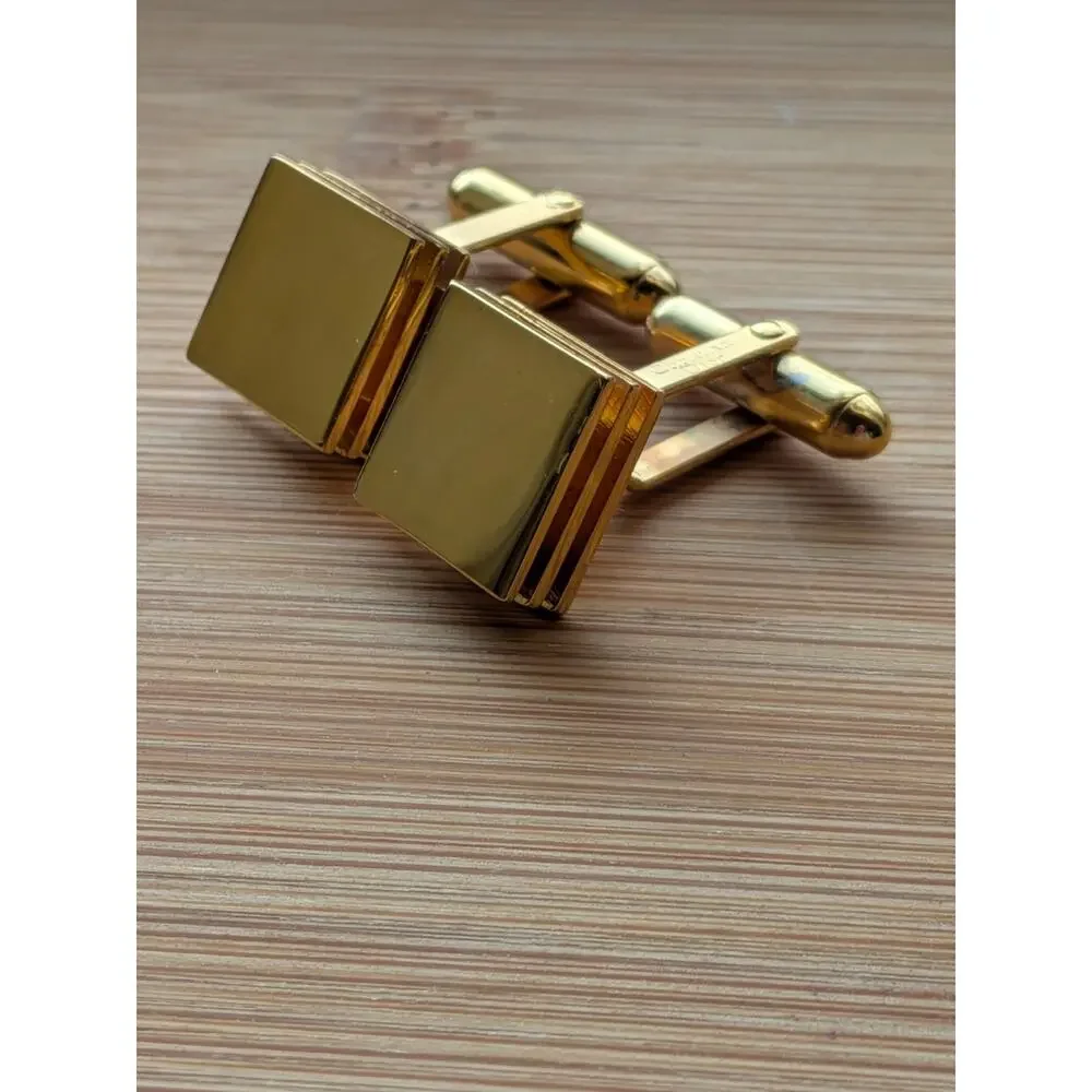 Christian Dior Logo Gold Tone Three Layered Square Cufflinks